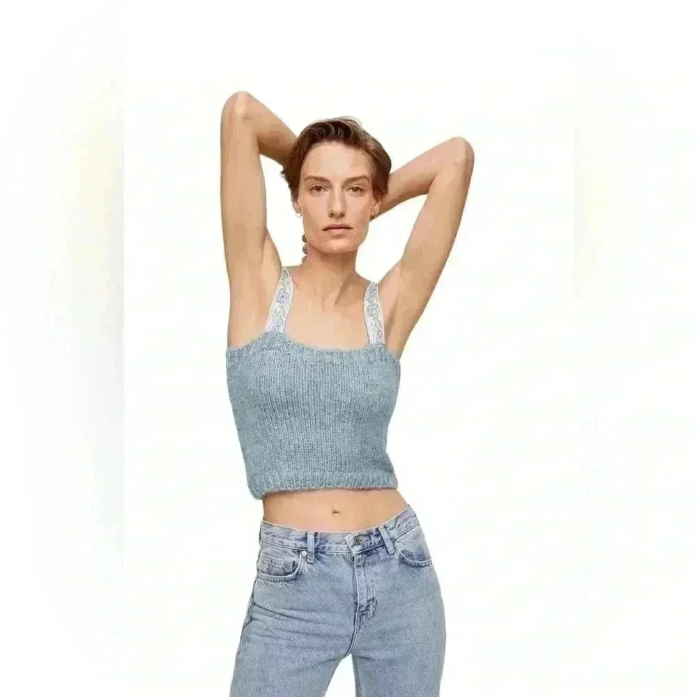 MNG Mango L Blue Alpaca Blend Cropped Knit Tank Top Y2K Preppy Minimalist NWT